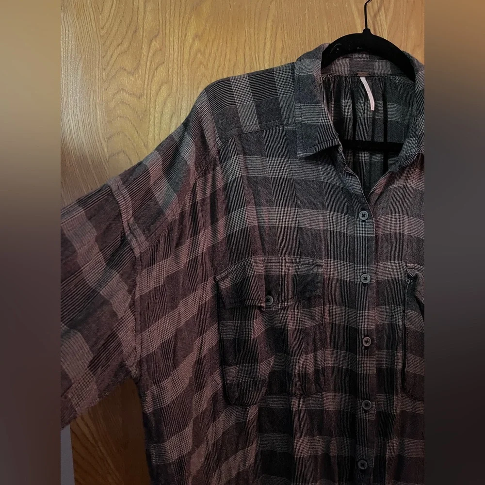 Free People Fawn over you plaid button down peasant shirt M - Picture 5 of 12